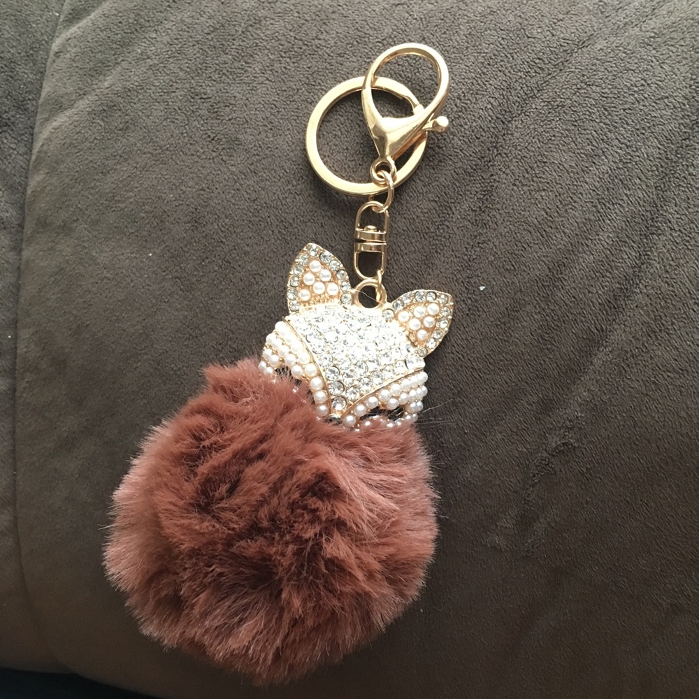 Rhinestone Fox Furry Pom Pom Pearl Keychain Purse - Picture 3 of 4